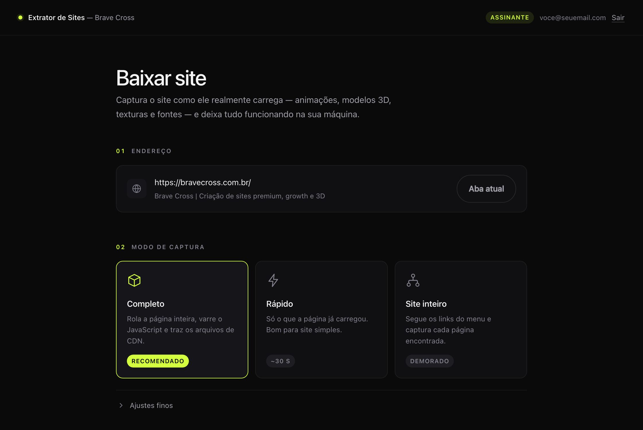 Tela do Extrator: você cola o endereço, escolhe o modo e clica em Capturar site