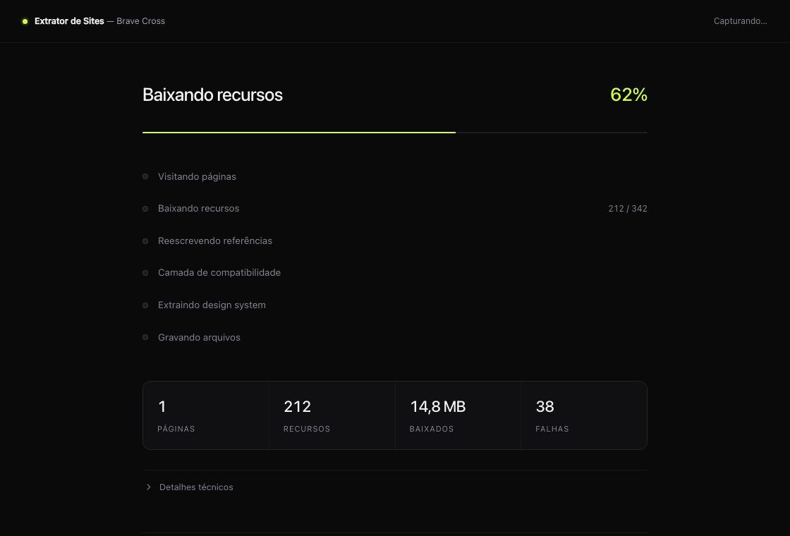 Tela de progresso: 62 por cento concluído, com as fases da captura e os contadores